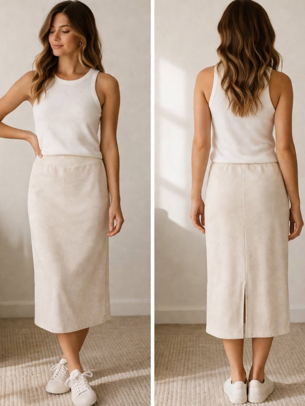 J.Jill Stretch Midi Skirt Ivory Cotton Elastic Waist Casual Capsule Sz Small
